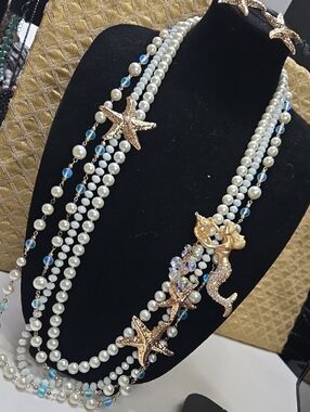 Multi-Strand Pearl And Crystal Necklace with Mermaid Brooch And Starfish Charms